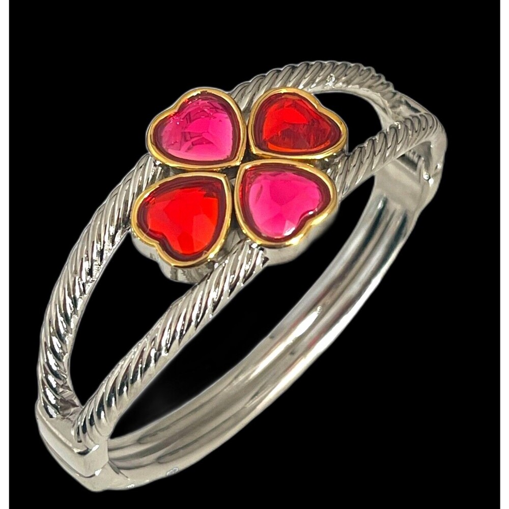 New Cable Cuff Bracelet Clover Heart Silver Tone Pink Red Glass Hearts - 5B